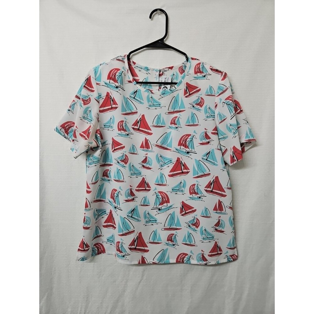 Vtg Womens Da-Rue Of California Sailboat Blouse Sz 10 Nautical Preppy Coastal
